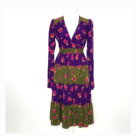 Betsey Johnson Dresses & Skirts - NWT Betsey Johnson Silk Dress Long Sleeve Mid Length Empire Waist Belt V-Neck 2